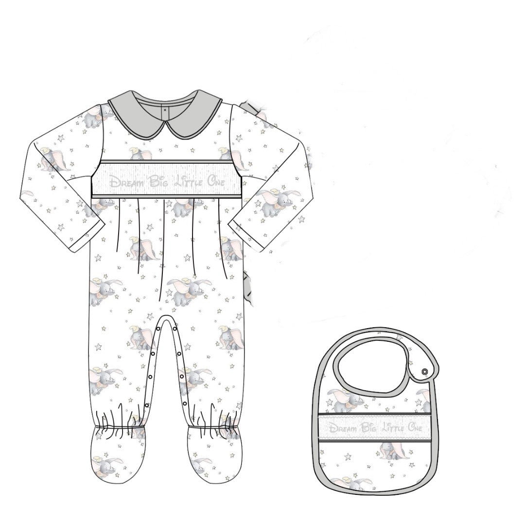 Unisex Smocked Dumbo Babygrow & Bib Set