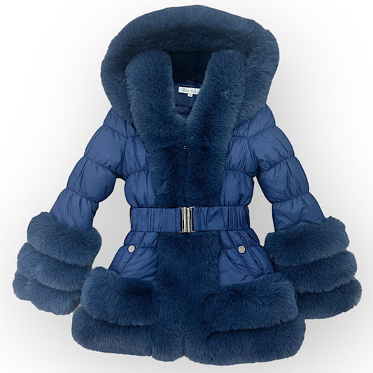 Navy Girls Faux Fur Coat